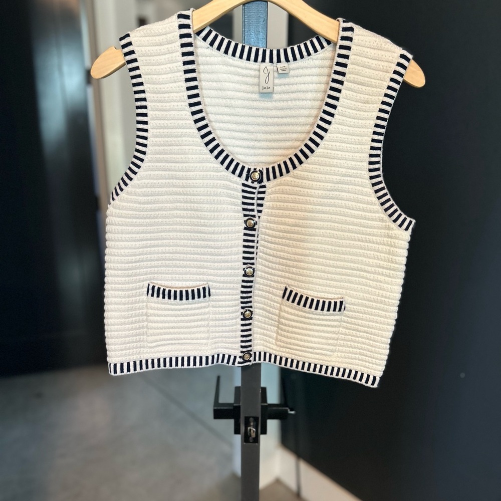 Joie Cream Knit Vest with Navy Stripe Trim and Gold Buttons